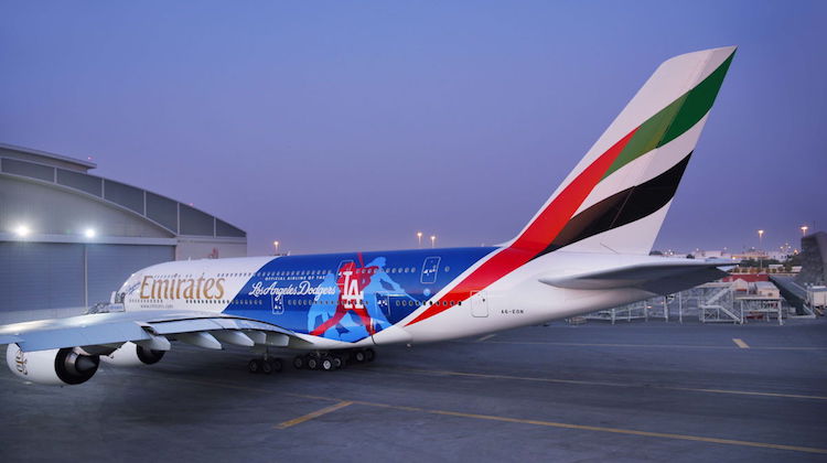 Emirates Airbus A380 A6-EON in Los Angeles Dodgers livery. (Emirates)