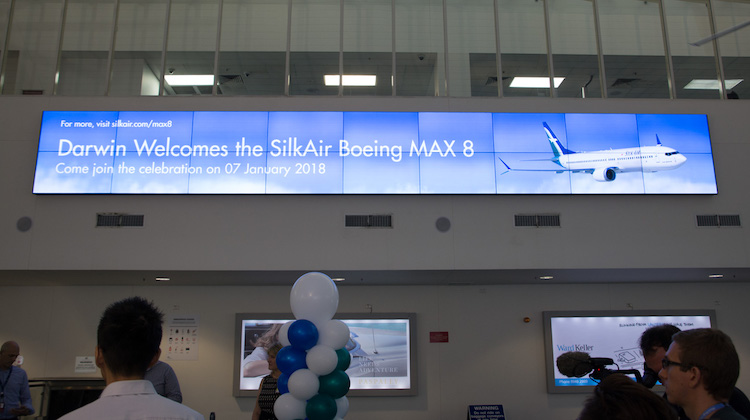 Silkair flight MI801, operated by Boeing 737 MAX 8 9V-MBC, arrives at Darwin Airport. (Sid Mitchell)