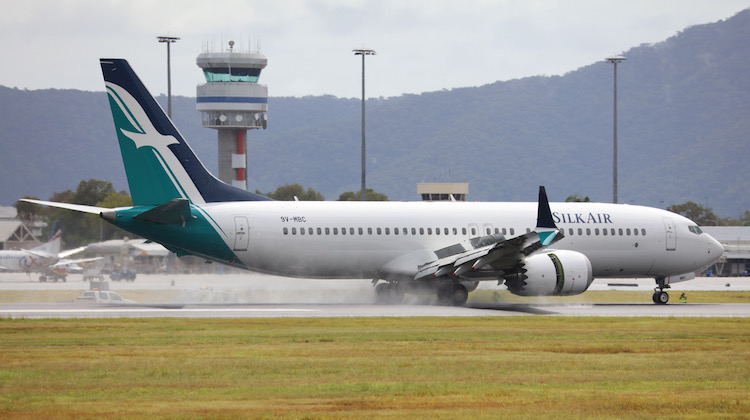 Silkair flight MI811, operated by Boeing 737 MAX 8 9V-MBC arrives at Cairns Airport in January 2018. (Andrew Belczacki)
