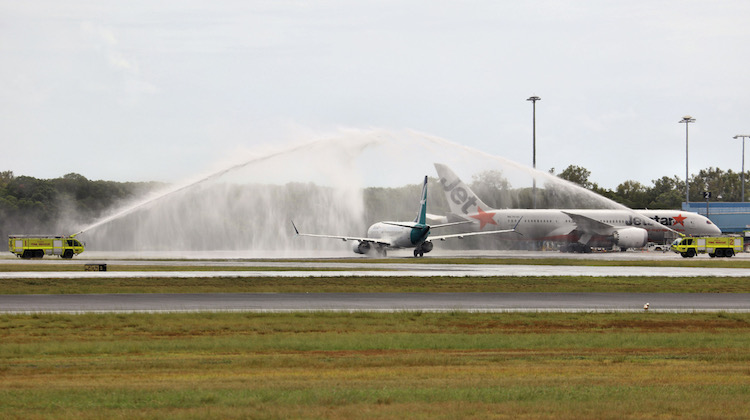 Silkair Boeing 737 MAX 8 9V-MBC is welcomed to Cairns Airport on Monday. (Andrew Belczacki)