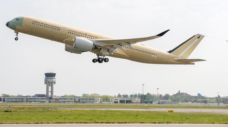 Singapore Airlines’ first Airbus A350-900ULR takes off on its maiden test flight. (Airbus)