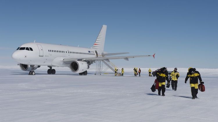 An Airbus A319 at Wilkins Aerodrome. (Australian Antarctic Division/Chris Crerar)