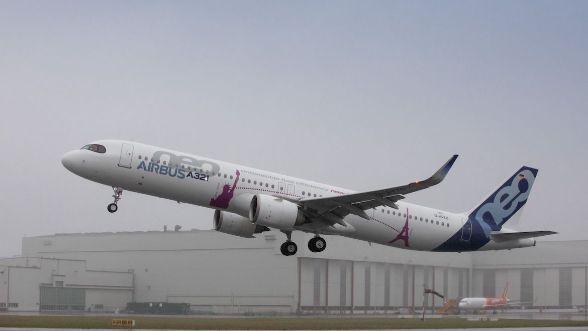 A file image of the Airbus A321LR taking off on its first flight. (Airbus)