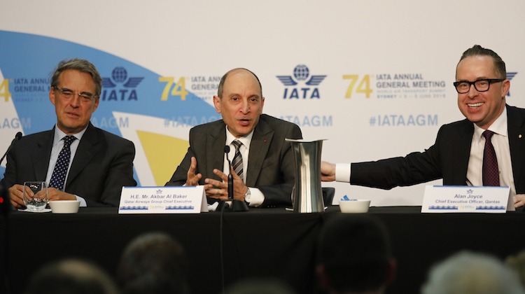 Qatar Airways and new IATA board of governors' chairman Akbar Al Baker flanked by IATA director general Alexandre de Juniac and Qantas chief executive Alan Joyce. (IATA/Flickr)