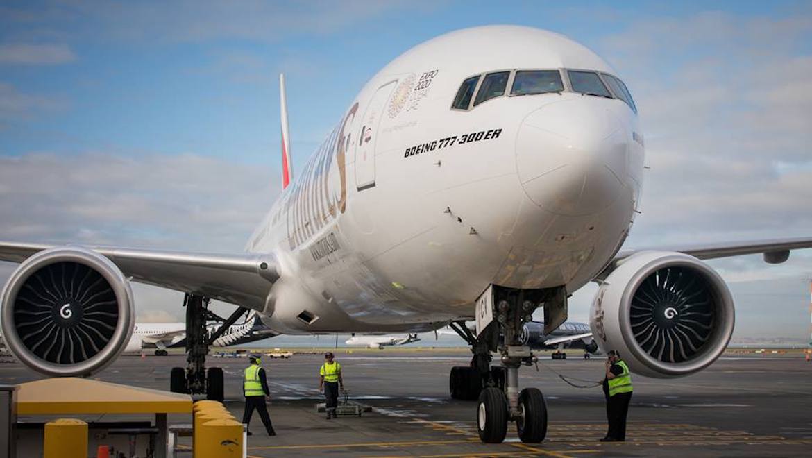 Emirates Boeing 777-300ER A6-ECV at Auckland Airport. (Auckland Airport/Facebook)