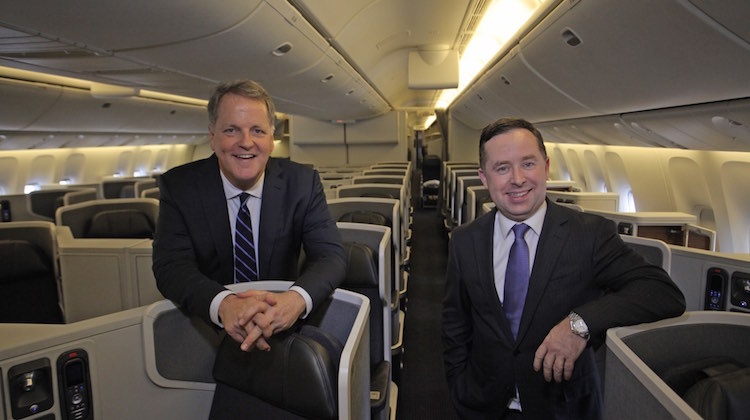 American Airlines chief executive Doug Parker and Qantas chief executive Alan Joyce on board an American Boeing 777-300ER in Miami in 2015. (American/Qantas)