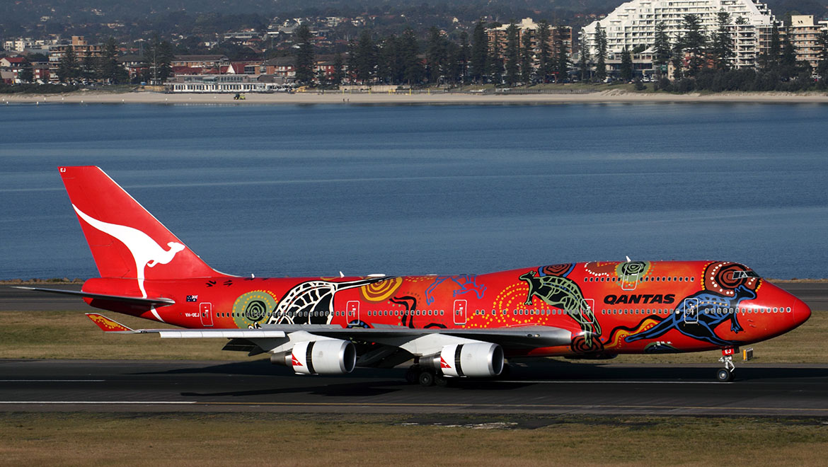 Qantas Boeing 747-400ER VH-OEJ, the last 747 built for Qantas, wore the iconic Wunala Dreaming Indigenous scheme from its delivery in August 2003 until it was repainted in standard Qantas colours in January 2012. (Rob Finlayson)