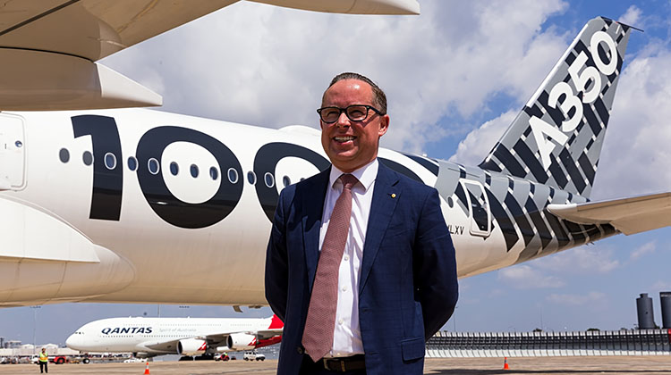 Qantas chief executive Alan Joyce with the Airbus A350-1000 when the aircraft visited Sydney in June 2018. (Bernie Proctor)