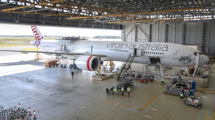 Virgin Australia Boeing 777-300ER VH-VPH in the airline's Brisbane maintenance hangar. (Seth Jaworski)