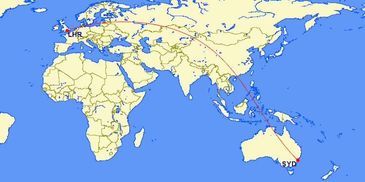 Sydney-London Heathrow as shown on the Great Circle Mapper. (gcmap.com)