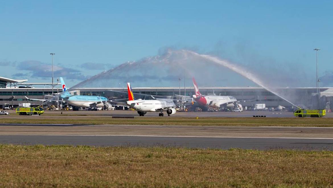 Philippine Airlines' inaugural Airbus A321neo flight to Brisbane receives a traditional welcome. (Lance Broad)