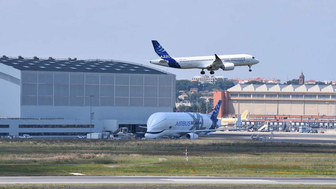 The Airbus A220-300 on approach to Toulouse-Blagnac Airport. (Airbus)