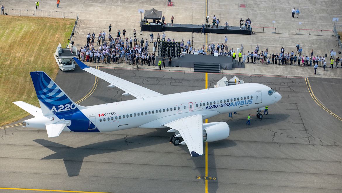 The Airbus A220-300 at Airbus's Toulouse headquarters. (Airbus)