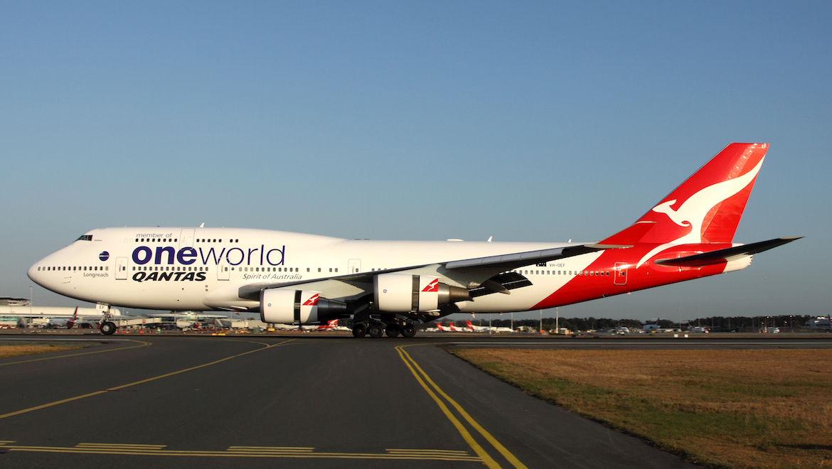 A Qantas Boeing 747-400ER in oneworld livery at Brisbane Airport. (Rob Finlayson)