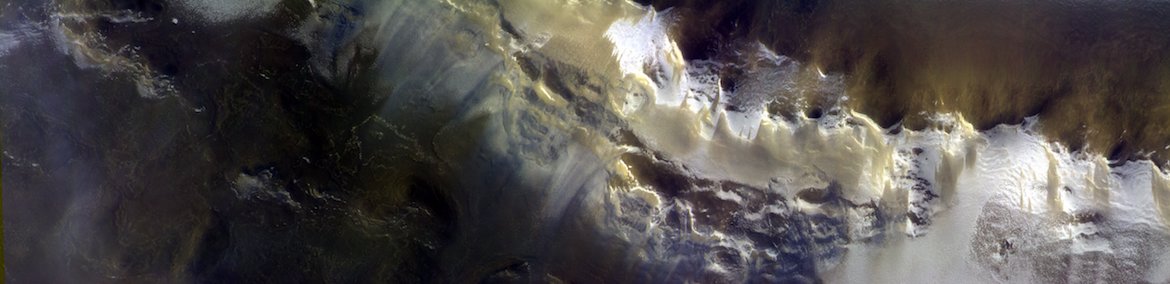 The first ExoMars image captured a 40 km-long segment of Korolev Crater located high in the northern hemisphere. The bright material on the rim of the crater is ice.