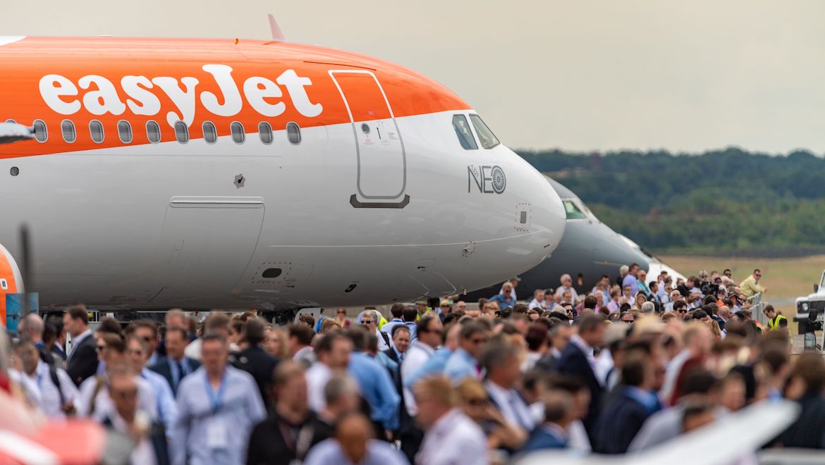 easyJet's first Airbus A321neo on display on Day 3 of the Farnborough Airshow. (Airbus)
