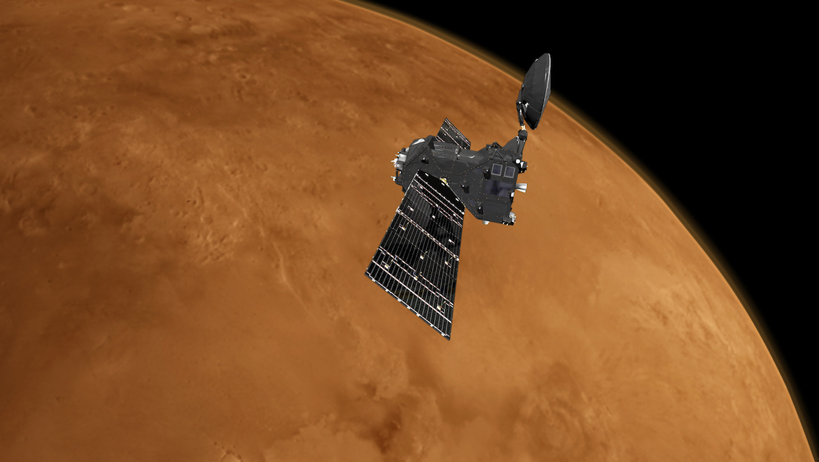 An artist’s impression of the ExoMars Trace Gas Orbiter above Mars. (ESA)