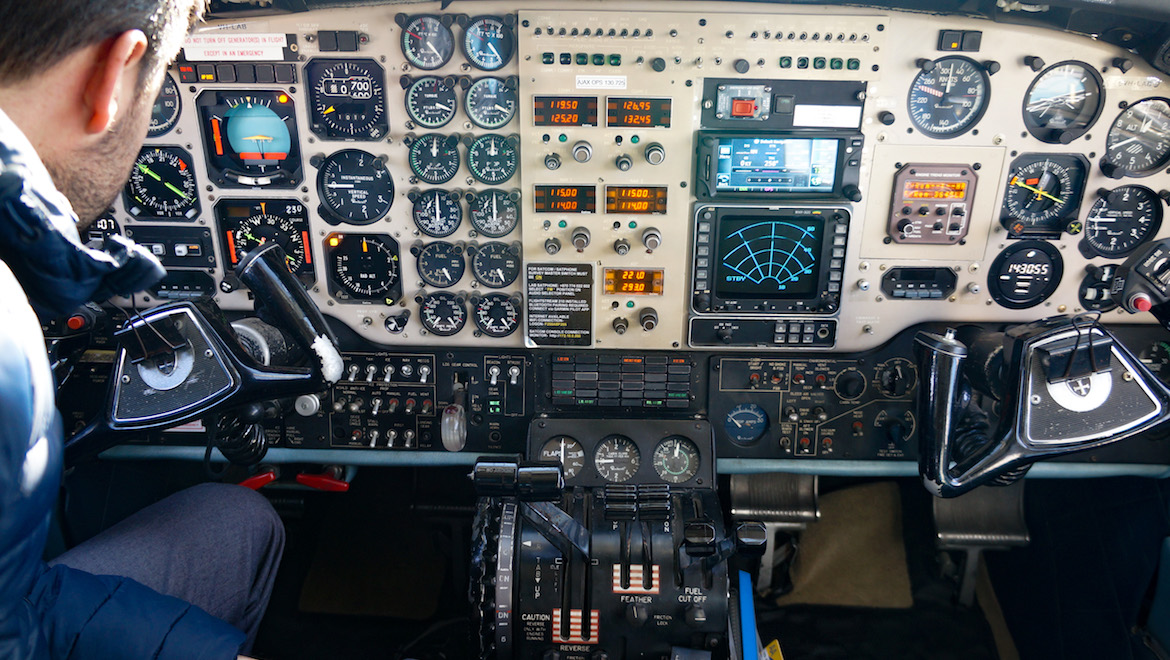 The flight deck of Air Affairs Beech Aircraft Corp B200T turboprop VH-LAB. (Airservices)
