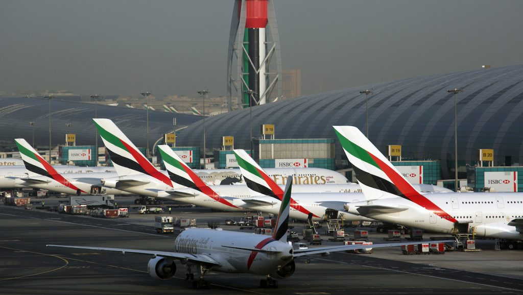 A line up of Emirates aircraft at Dubai. (Rob Finlayson)