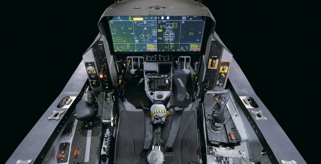 The F-35 cockpit is dominated by a panoramic cockpit display (PCD) with touchscreen controls. (Lockheed Martin)