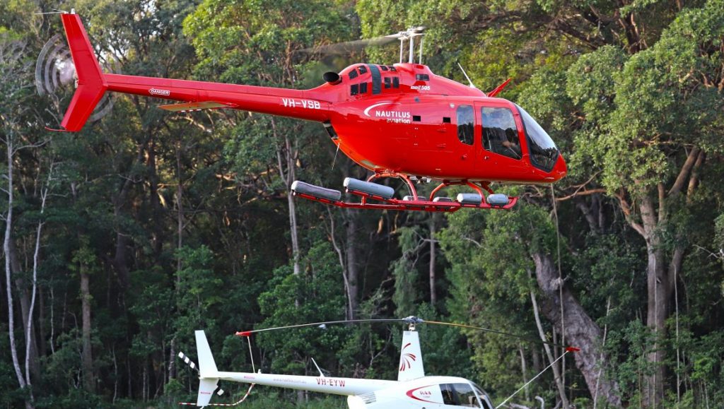 The Nautilus Aviation Bell 505 on display at Rotortech features pop-out floats. (Paul Sadler)