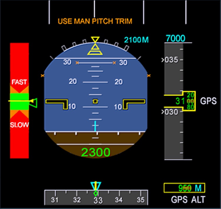 An example of the backup speed scale (BUSS), showing the colour-coded scale (left) that indicates derived speed, and a GPS altitude scale (right). (ATSB)