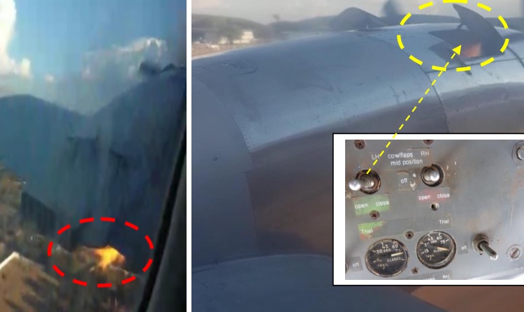 Pictures of the left wing and engine taken from the cabin. The one circled in red (left) shows the fire trailing underneath the left wing. The one circled in yellow on the (right) shows fire emanating from the left engine (No 1) compartment with the cowl flaps in the open position. (SACAA)