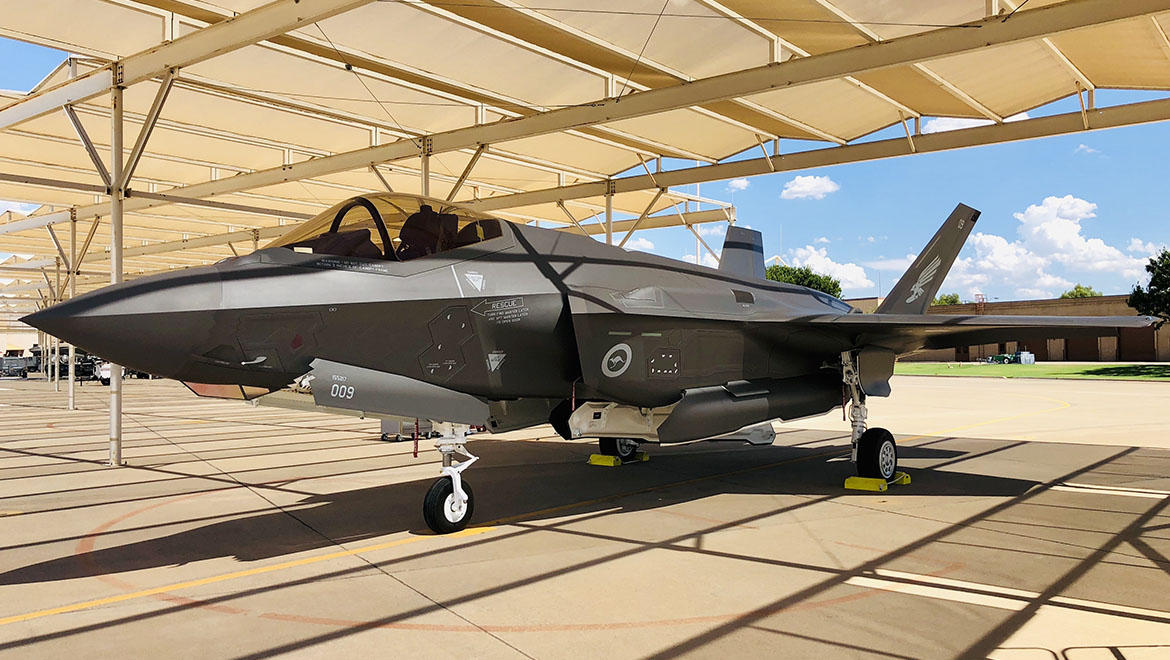Royal Australian Air Force F-35A A35-009, parked on the ‘Australian flight line’ at Luke Air Force Base, Arizona. (Defence)