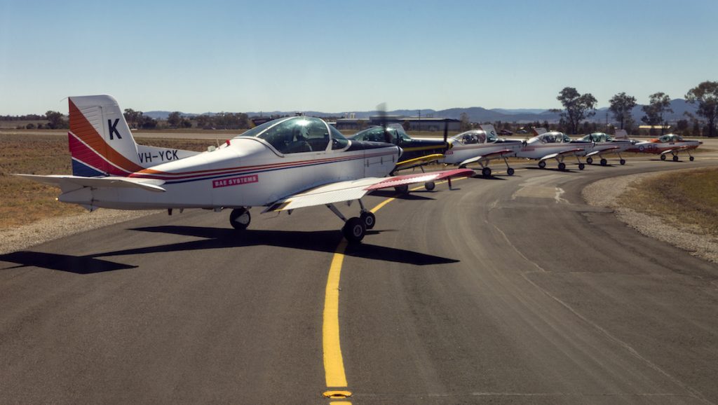 Basic Flying Training School CT-4 aircraft line up on the taxiway prior to conducting a formation flypast over Tamworth, New South Wales. (Defence)