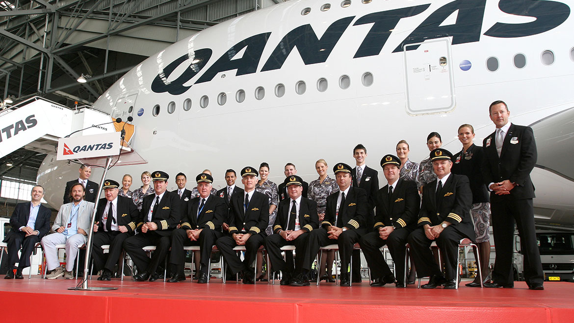 The Qantas crew that from the 2008 delivery flight of VH-OQA at Sydney Airport on September 21 2008. (Andrew McLaughlin)
