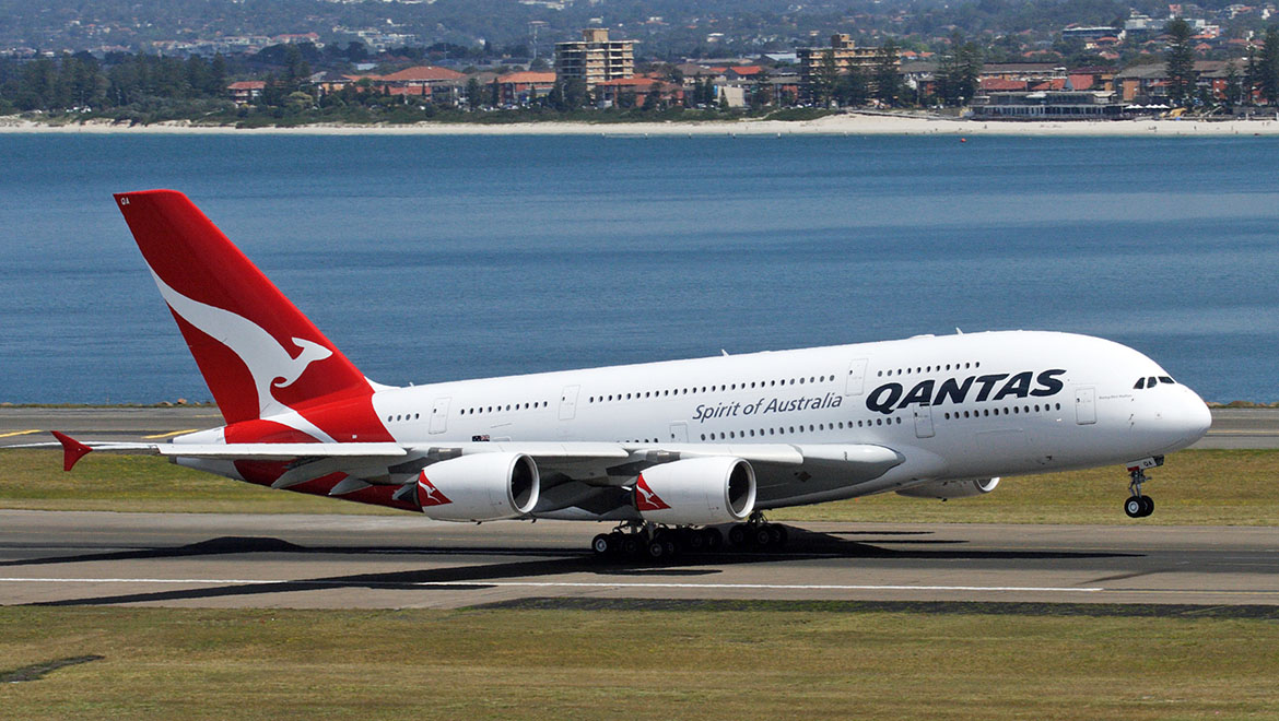 Qantas Airbus A380 VH-OQA rotates from Sydney Airport. (Rob Finlayson)