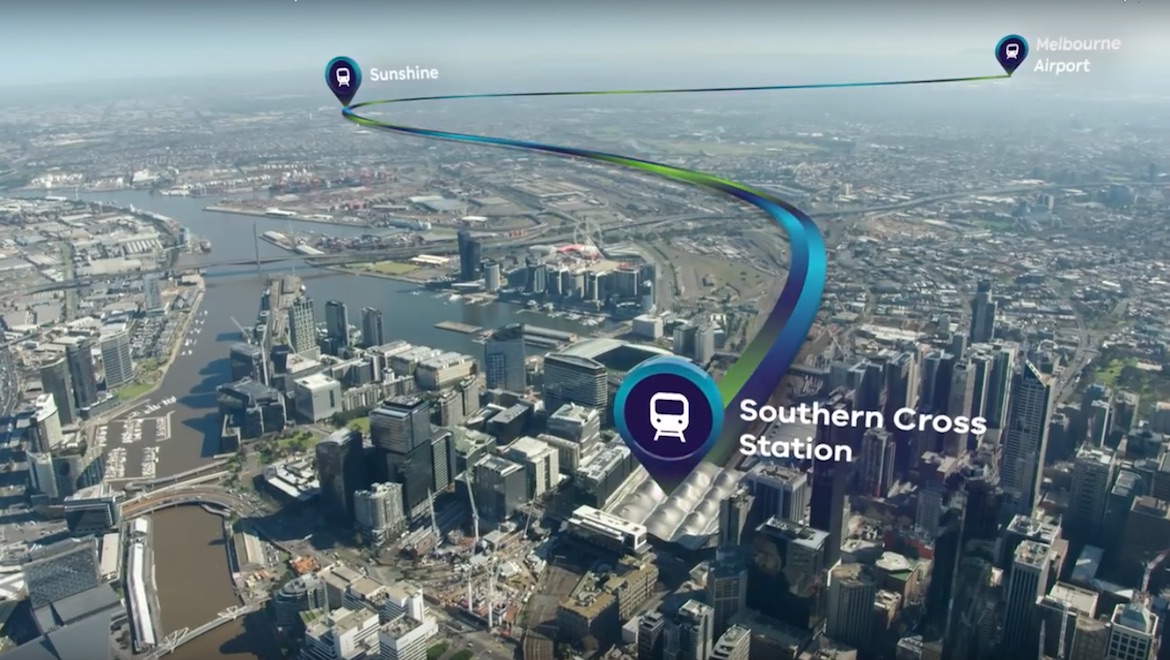 An illustration of the proposed Melbourne airport rail link route from AirRail's YouTube video. (AirRail)