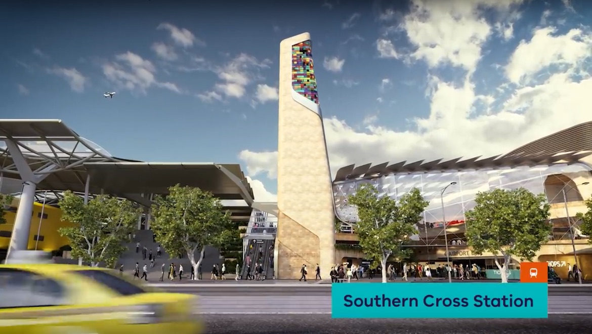 An illustration of the proposed upgraded Southern Cross station from AirRail's YouTube video. (AirRail)