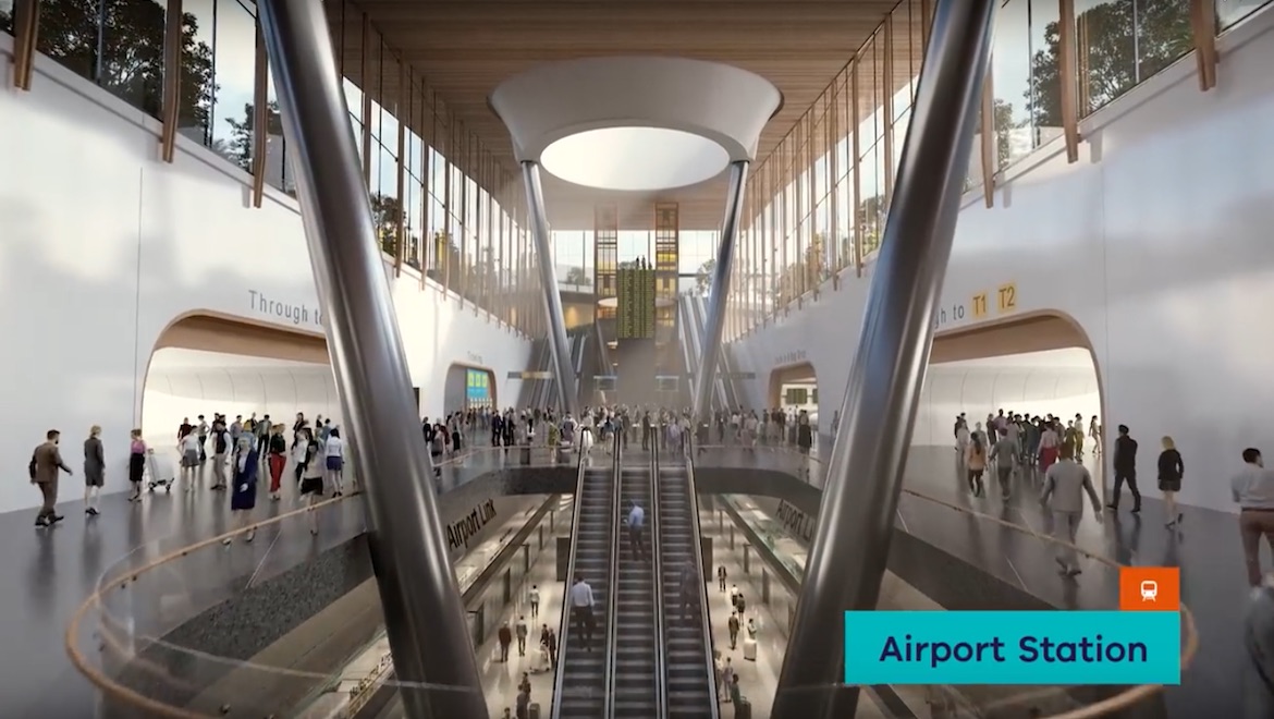 An illustration of the proposed underground station at Melbourne Tullamarine Airport from AirRail's YouTube video. (AirRail)