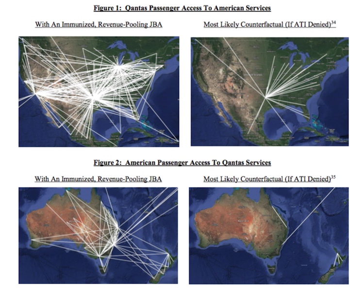 Qantas and American's potential trans-Pacific network with and without ATI. (American/Qantas)