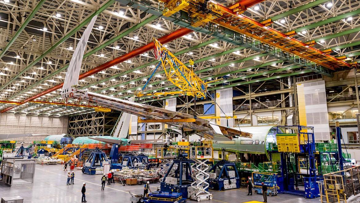 The Boeing 777-X wing being joined to the fuselage. (Boeing/Facebook)