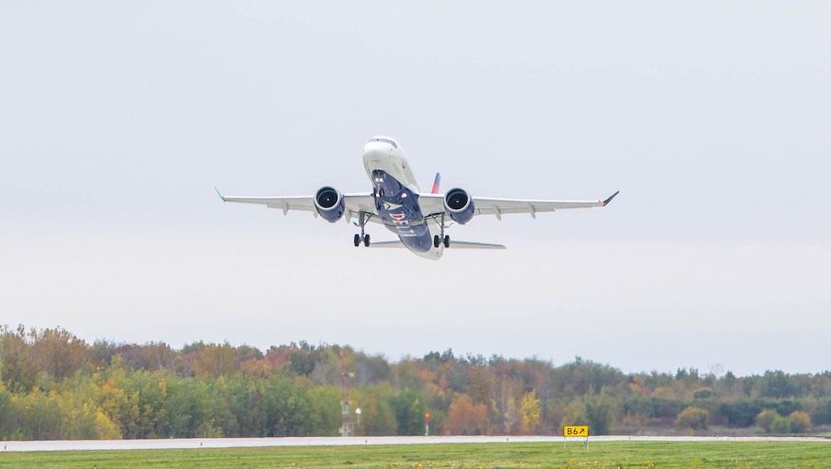 Delta Air Lines first Airbus A220-100 takes off on its maiden test flight. (Airbus)