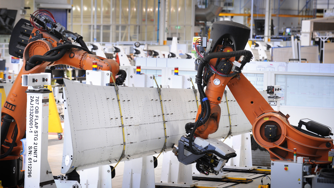 BAA has adopted automotive robotics for its 787 production processes. (Boeing/Andrew Henshaw)