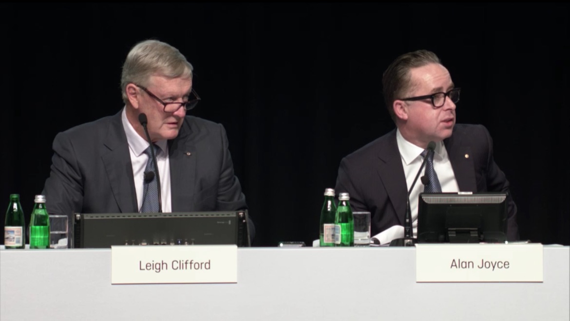A screenshot of Qantas chairman Leigh Clifford and chief executive Alan Joyce from the AGM webcast. (Qantas)