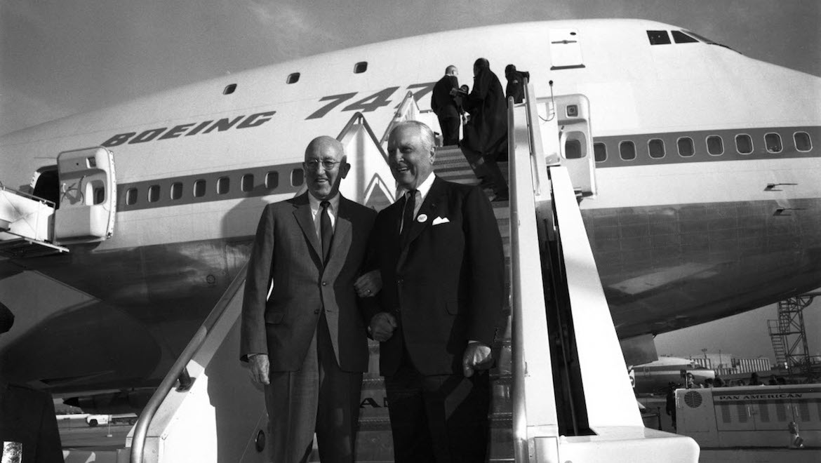 Boeing president and chief executive Bill Allen (left) and Pan Am chief executive Juan Trippe (right) celebrate the launch of the Boeing 747 “Jumbo Jet” in 1968. (Boeing)