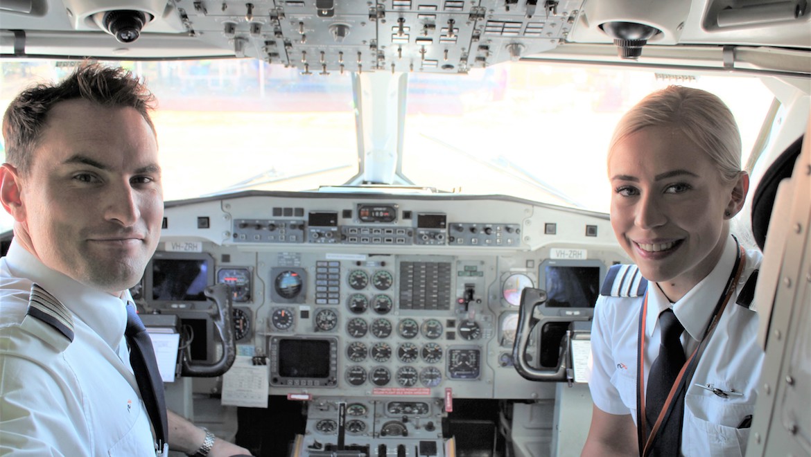 Regional Express Captain Hayden Godwin and First Officer Molly Morris‑Howes in the flight deck of Saab 340 VH-ZRH. (Steve Gibbons)