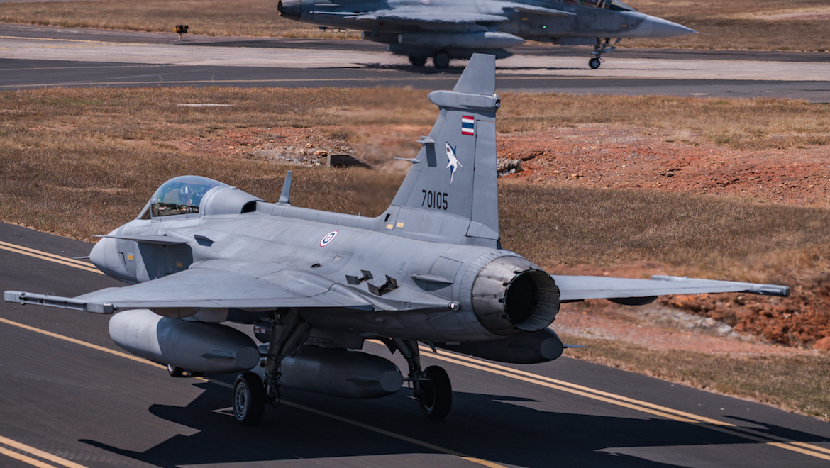Royal Thai Air Force Gripens taxi out at Darwin for another Pitch Black mssion. (Mark Jessop)