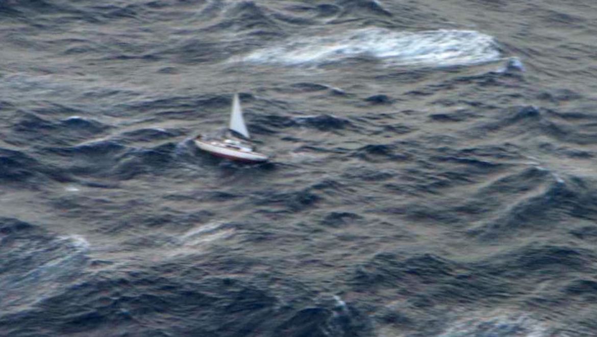 The yacht Kekuli in distress about 150nm south-west of Cape Leeuwin. (Australian Maritime Safety Authority)