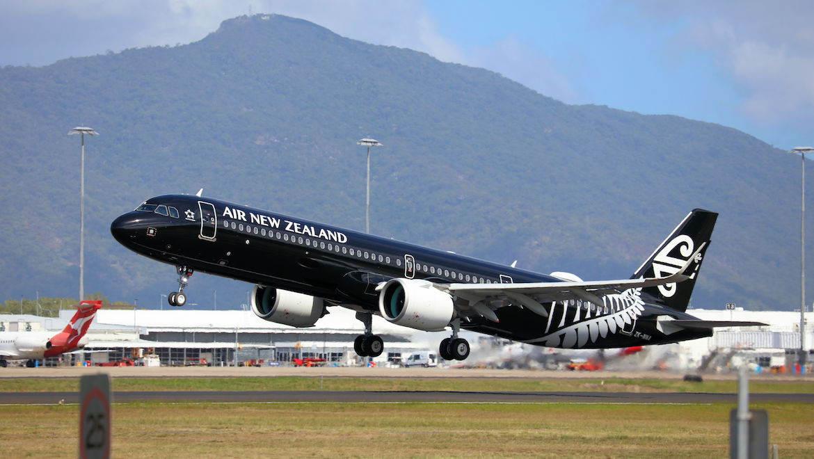 Air New Zealand Air bus A321neo ZK-NNA takes off from Cairns Airport. (Andrew Belczacki)