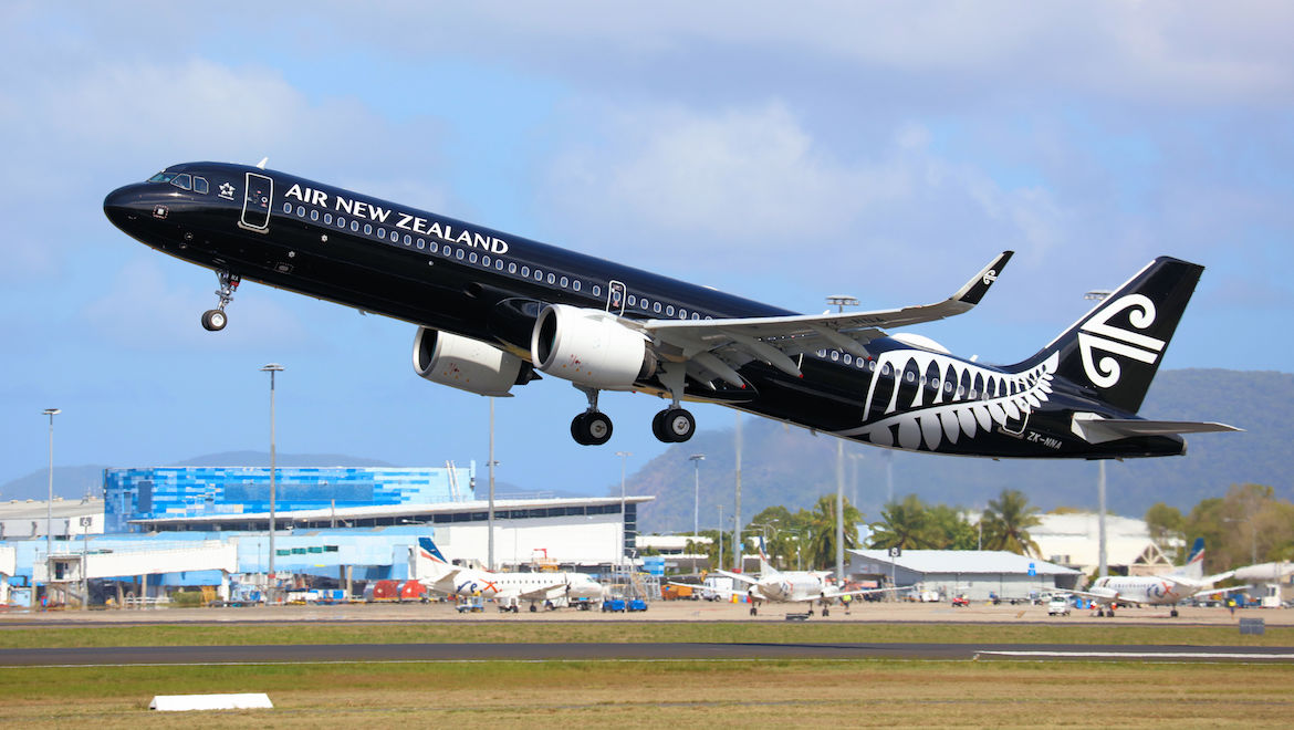 Air New Zealand Air bus A321neo ZK-NNA takes off from Cairns Airport. (Andrew Belczacki)