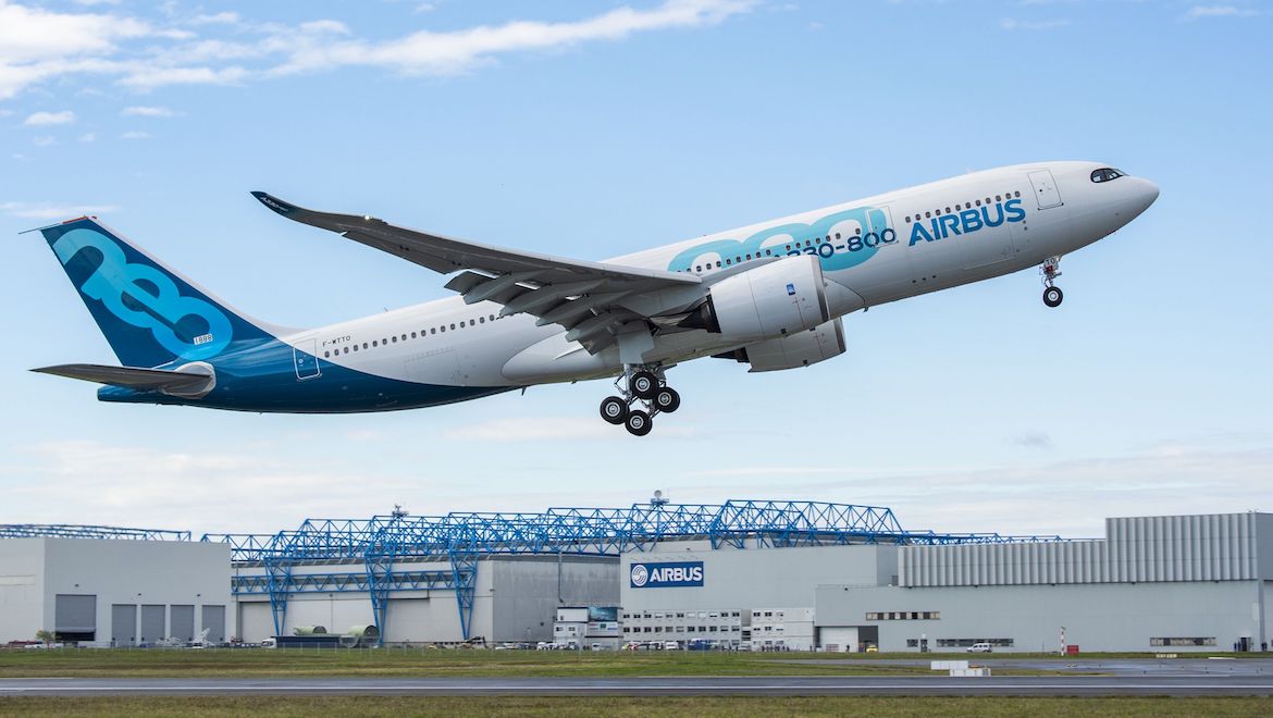 The first A330-800 takes off on its maiden flight. (Airbus)