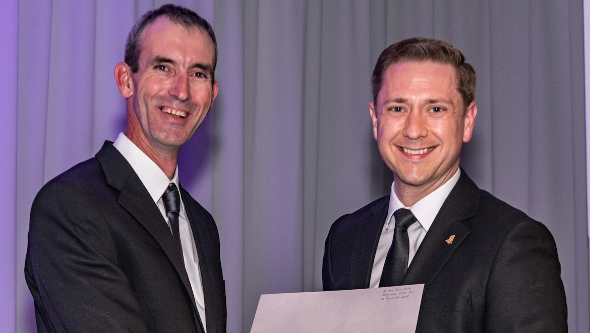 Australian Aviation's Mark Jessop with Singapore Airlines public relations manager for south west Pacific Karl Schubert. (Seth Jaworski)