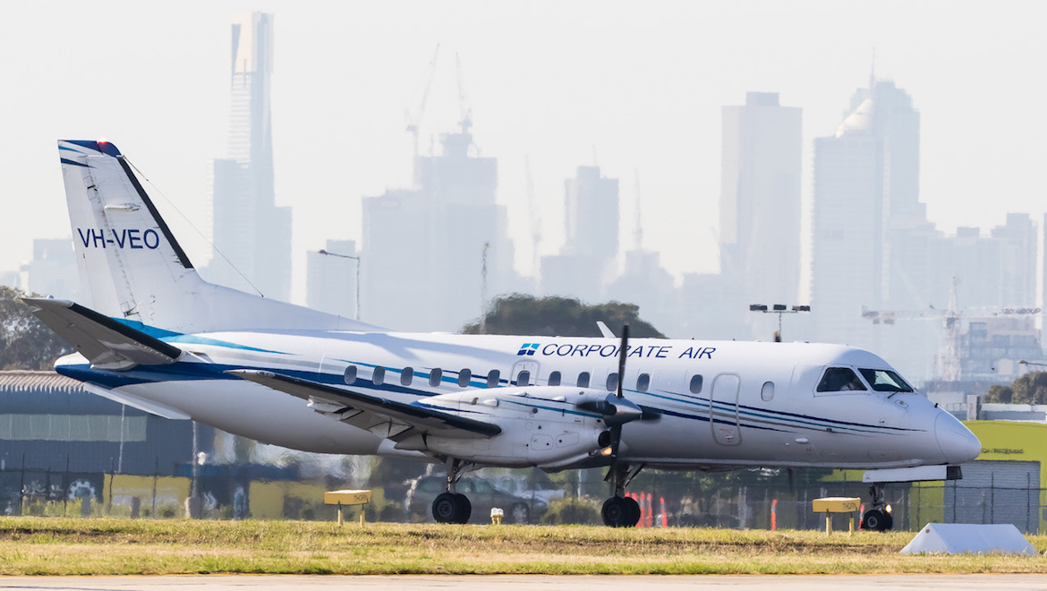 Fly Corporate Saab 340B VH-VEO at Melbourne Essendon. (Dave Soderstrom)