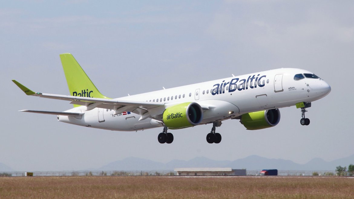 An airBaltic Airbus A220-300 landing at the Zhuhai Airshow. (Airbus/Twitter)
