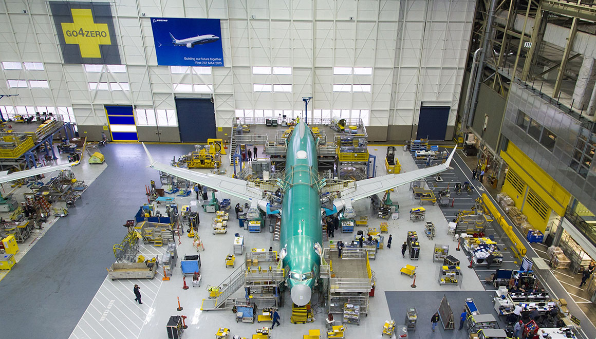 A Boeing 737 MAX in final assembly. (Boeing)